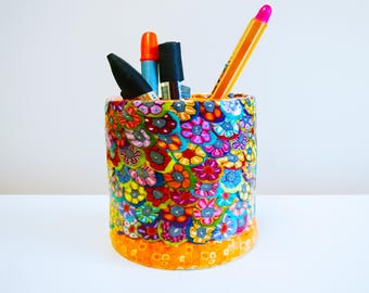 Portapenne moderno in ceramica: organizer da scrivania con decorazioni floreali colorate
