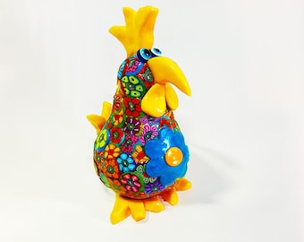Whimsical Chicken Sculpture: Handmade Polymer Clay Farmhouse Decor