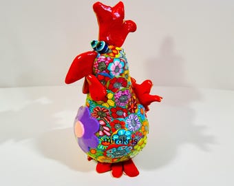 Colorful Chicken Sculpture – Handmade Rooster Figurine, Funny Shelf Accent