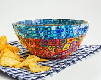 Handmade Floral Glass Serving Bowl: Millefiori Polymer Clay Art