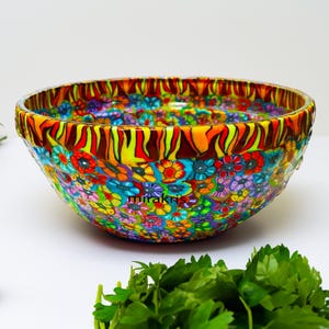 Colorful Serving Salad Bowl – Handmade 8-inch Glass Dish With Floral ...