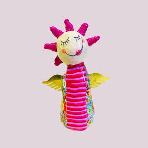 Colorful Angel Figurine decor: Handmade Polymer Clay with Metal Wings