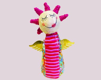 Colorful Angel Figurine decor: Handmade Polymer Clay with Metal Wings