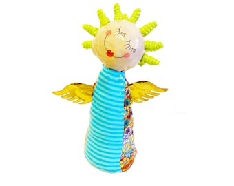 Colorful Handmade Angel Figurine, unique shelf decor, Cute Angel Decor