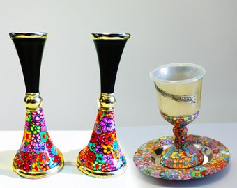 Colorful Modern Shabbat set Kiddush Cup and Shabbat Candlesticks, Israeli Art