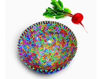Colorful Glass Salad Bowl, Handmade Floral Serving Dish, Fruit Bowl Kitchen Decor