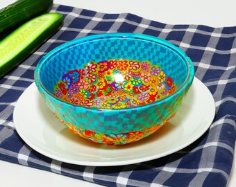 Handmade Glass Serving Dish: Polymer Clay Floral Design, Israeli Art