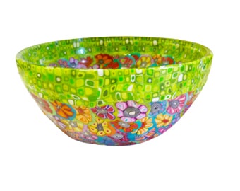 Glass Dessert Bowls, Green serving bowl, glass salad bowl, glass cereal bowl decorated with polymer clay