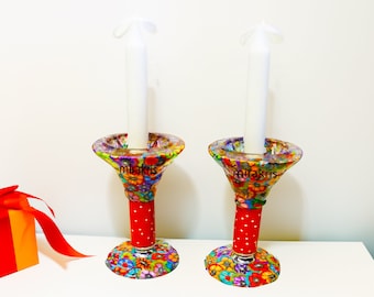 Colorful and Unique  Shabbat Candlesticks, Judaica Gift, Bat Mitzvah Gift