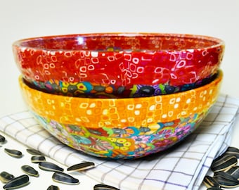 Colorful Glass Dessert Bowls made with Glass decorated with polymer clay, Glass Salad Bowls