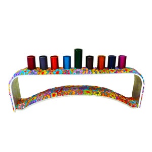 colorful handmade Hanukkah Menorah made with Aluminum decorated with handmade small polymer clay flowers - all the flowers on this colorful Menorah are sculpted one by one using the Millefiori technique size 8.27 inches