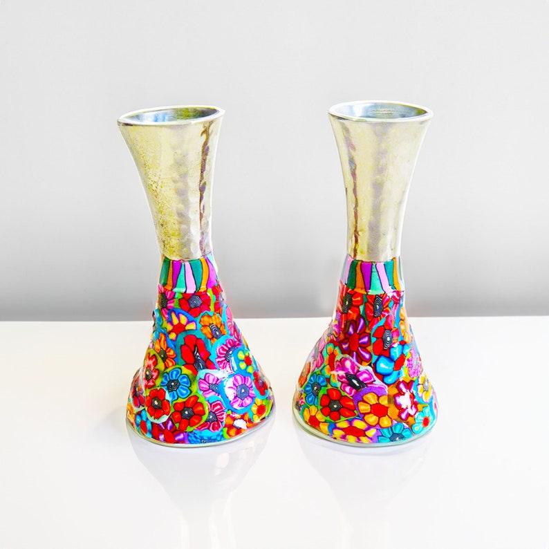 Pair Of Shabbat Candlesticks, Colorful Candle holder, Shabbat Set, Bat Mitzvah Gift image 2