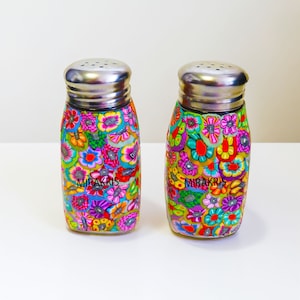 Modern Floral Salt and Pepper Shakers: Polymer Clay Glass Set