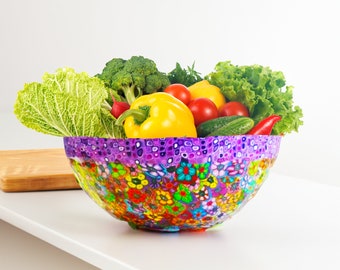 Colorful and Unique Glass And Polymer Clay Serving Salad Bowl, Handmade Fruit Display Bowl, New home present