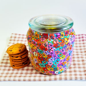 Handmade Glass Jar with Lid, Decorative Candy or Cookie Container, Colorful Kitchen Storage Canister