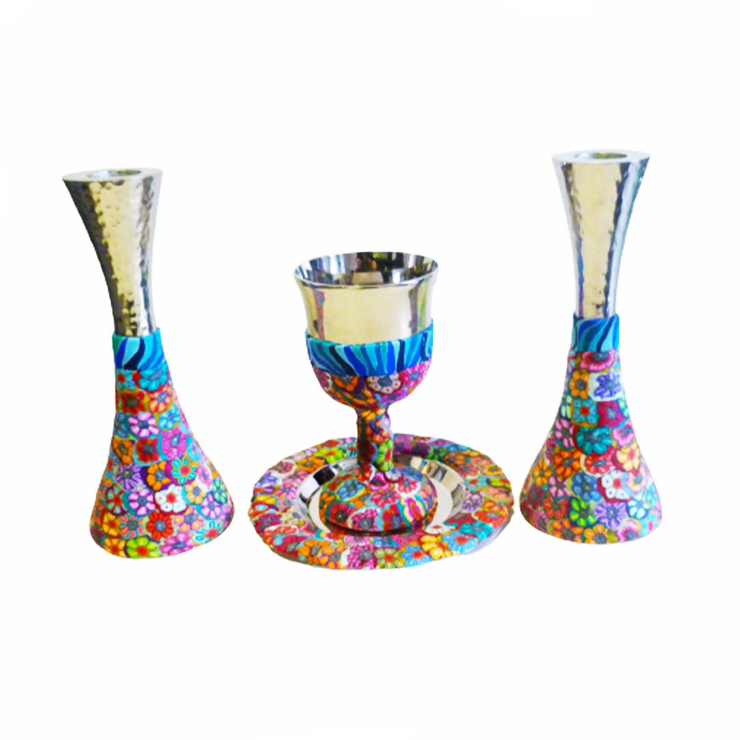 Colorful Modern Shabbat Set Kiddush Cup and Shabbat Candlesticks