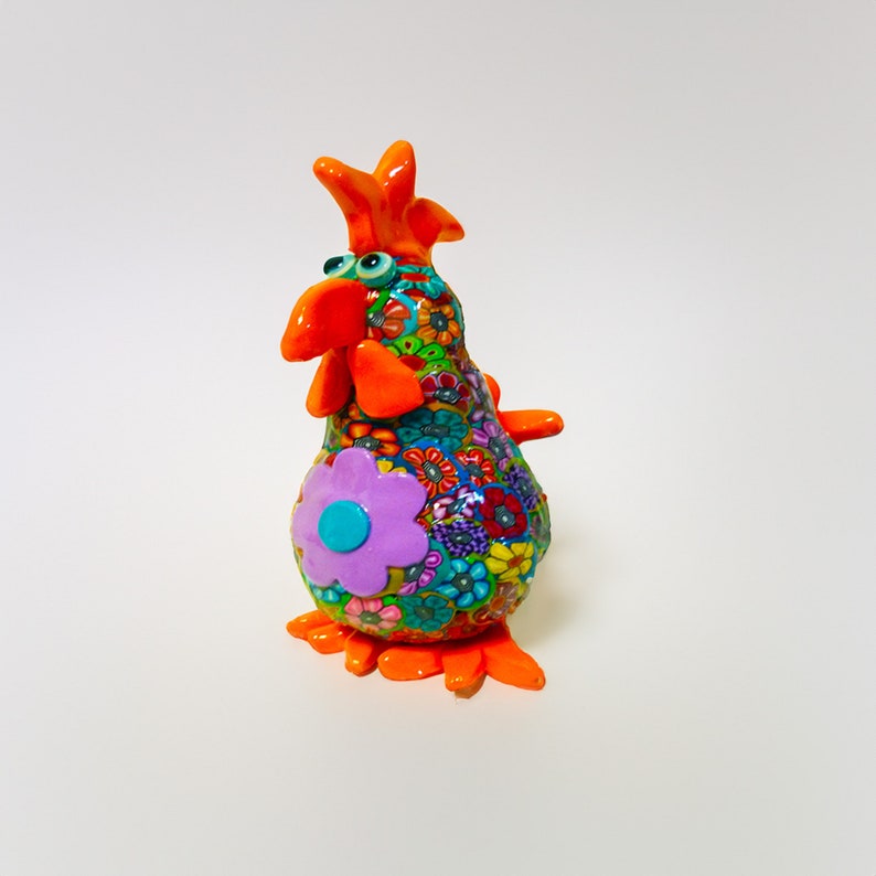 Colorful Chicken Figurine Decor, Handmade Chicken Sculpture, Chicken Ornament image 1