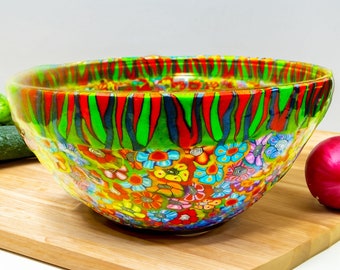 Colorful and Unique Deep Salad Bowl, Glass and Polymer Clay Bowl, Handmade Dishes