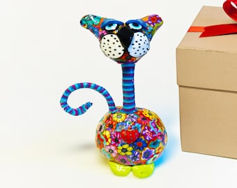 Skurrile Katzenskulptur - irisierendes handgemachtes Dekorgeschenk, moderne Regalverzierung