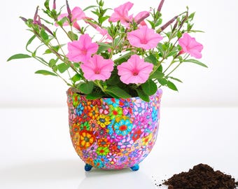Handmade Colorful Planter: Polymer Clay Flower Pot with Drainage