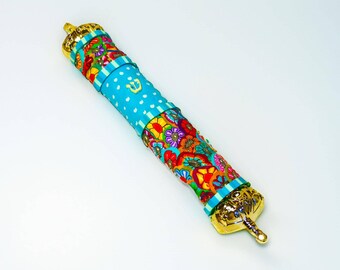 Handmade metal and polymer clay Mezuzah Case: colorful Judaica gift