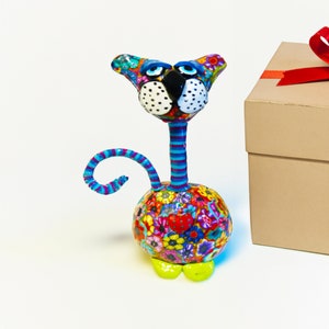 colorful and Unique Clay Cat Sculpture Gift, unique shelf decor, Cat art doll animal
