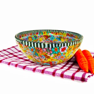 Glass Salad Bowl, Colorful Medium Serving Bowl for Salad, Fruit and Pasta, Handmade Kitchen Decor and Entertaining Essential