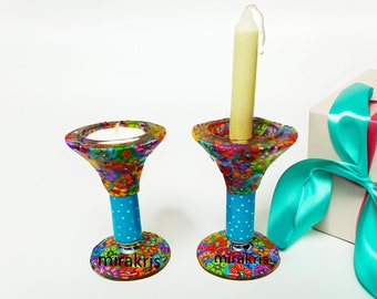 Decorative Turquoise Glass Candle Centerpiece - Bat Mitzvah Gift ,Tea Light Holder or Shabbat Candlesticks