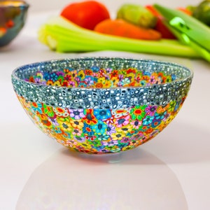 Handmade Glass Salad Bowl: Floral Polymer Clay Serving Dish