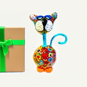 Colorful cat art: Handmade Polymer Clay Millefiori Sculpture