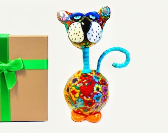 Colorful cat art: Handmade Polymer Clay Millefiori Sculpture