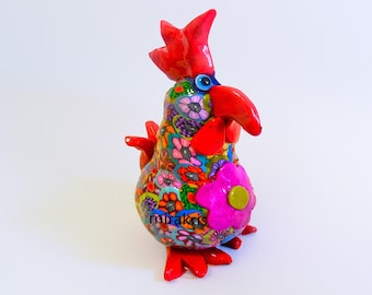 Sculpture de poulet faite main - Coq coloré aux couleurs vives