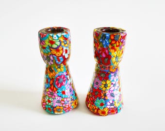 Handmade Millefiori Shabbat Candlesticks: Colorful Jewish Gift