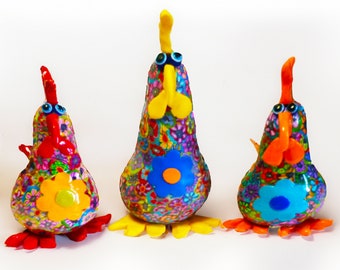 Colorful Funny Chicken Sculpture Set, Handmade Chickens Figurine, Bookshelf Decor