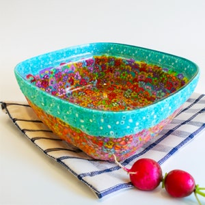 Colorful Medium Serving Glass and Polymer Clay Salad Bowl, modern fruit bowl
