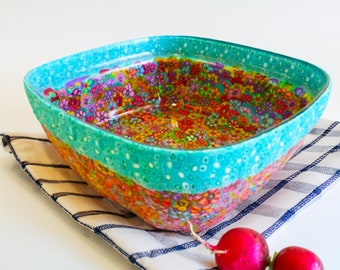 Colorful Medium Serving Glass and Polymer Clay Salad Bowl, Glass Mixing Bowl