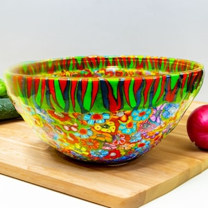Glass Salad Bowl, Colorful Handmade Centerpiece for Fruit, Pasta and Display, New Homeowner Gift
