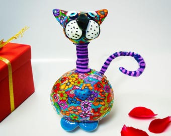 Handmade Cat Decor: Whimsical animal art figurine