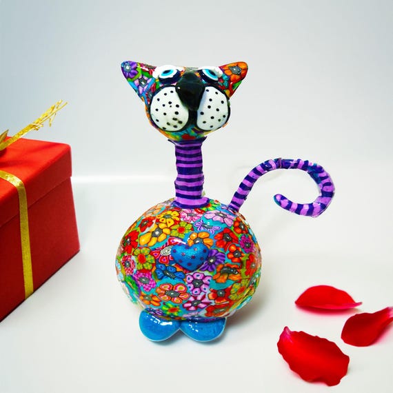 Handmade Cat Decor: Whimsical animal art figurine