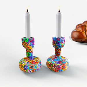 Colorful Shabbat Candlesticks – Handmade Judaica Wedding Gift – Polymer Clay Candle Holders