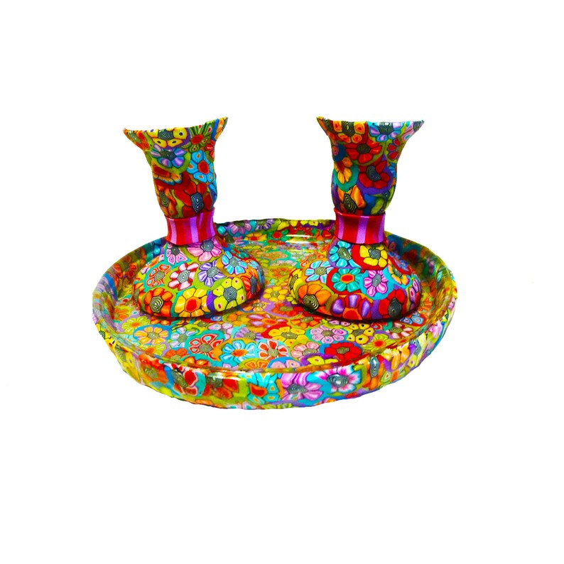 Colorful Pair Of Shabbat Candlesticks, Shabbat Candle Holder, Bat Mitzvah Gift, Rosh Hashanah Gift candlesticks & plate