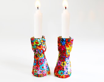 Glass Shabbat Colorful Candlesticks –Bat Mitzvah or Jewish Gift, Candle Holder Set.