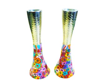 Handmade Shabbat Candlesticks: Tall Metal Judaica Centerpiece