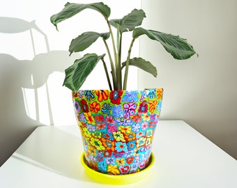 Colorful medium plant pot, planter with saucer, Handmade planter pot