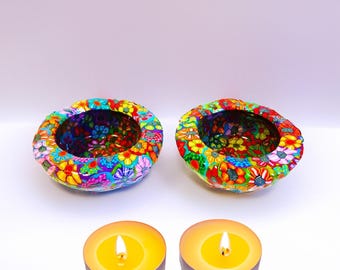 Shabbat Tea Light Candle Holders set: Handcrafted Polymer Clay & Glass Jewish Celebrations