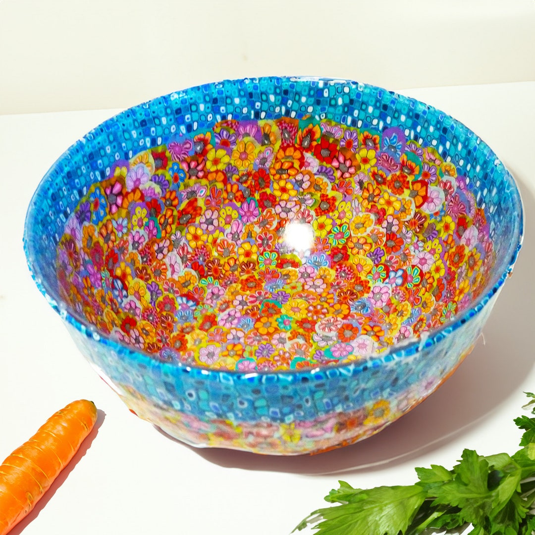 Colorful and Unique Large Glass Salad Bowl, Big Centerpiece