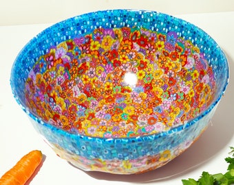 Colorful and Unique Large Glass Salad Bowl, Big Centerpiece Bowl