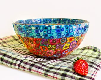Handmade Floral Glass Serving Bowl: Millefiori Mosaic, 5"