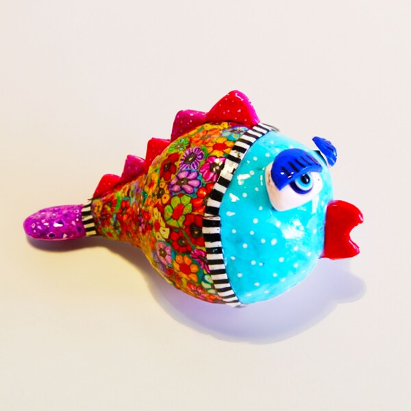 Funny Fish Sculpture, polymer clay sculpture, Colorful Fish Artwork