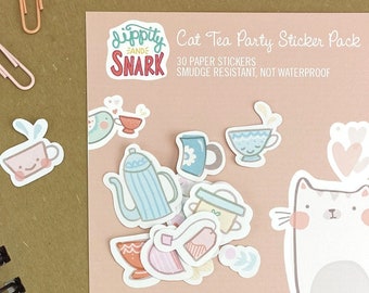 cute cat sticker pack, tea party stickers, kitty stickers, kawaii sticker pack, cat planner stickers, cat lover sticker, tea drinker gift